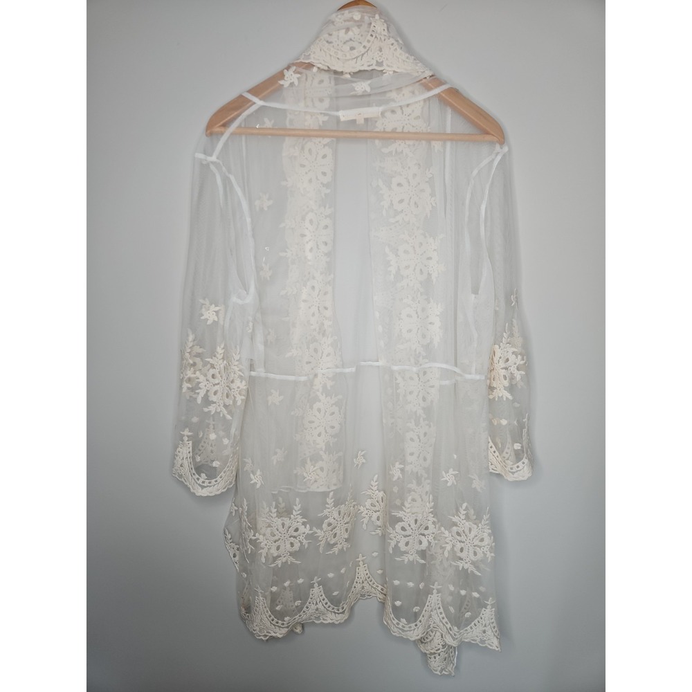 Indigo Soul Mesh Embroidered Crochet Cardigan L Ivory Boho Western Coverup Rodeo - Picture 11 of 14